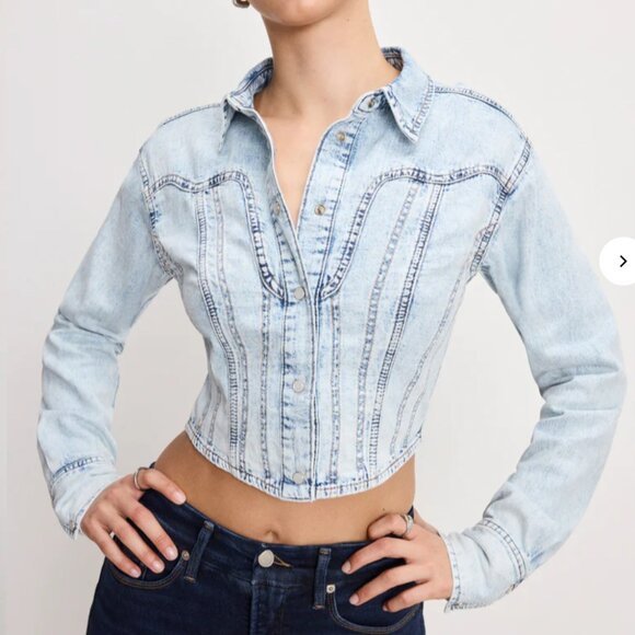 Good American Dolly Denim Corset Womens Shirt Indigo Pearl Snap Button Sz Large - Picture 1 of 5